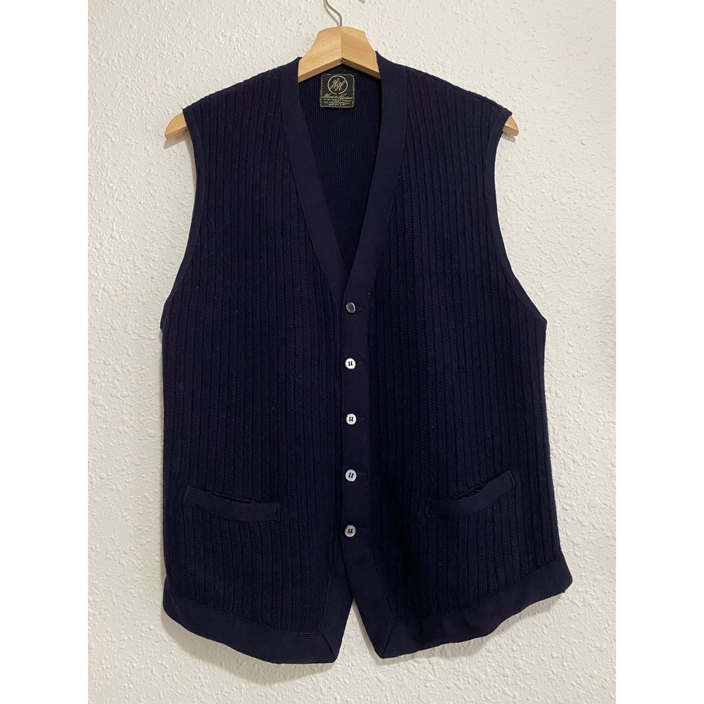 Vtg Harvie & Hudson London L Mens Navy Pure New Wool Knit Waistcoat Vest England